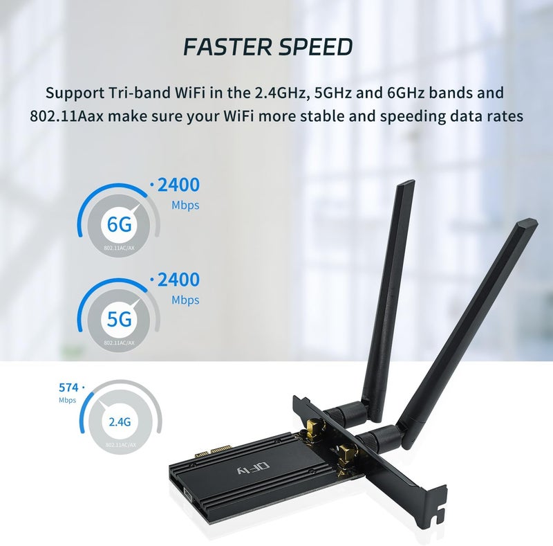 QFly PCIe WiFi 6E Card, AX210 Network Card Adapter for PC Gaming, Bluetooth 5.3, Tri-Band (802.11ax) 5400Mbps 6GHz Wireless LAN Cards with MU-MIMO, OFDMA, Support Windows 10/11 (64-bit) - Image 4